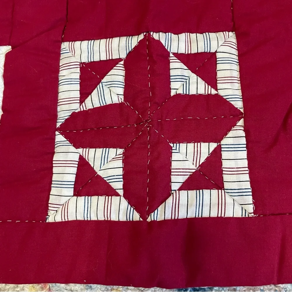 Vintage handmade quilted side table cloth 38 x 39” red floral cottage core